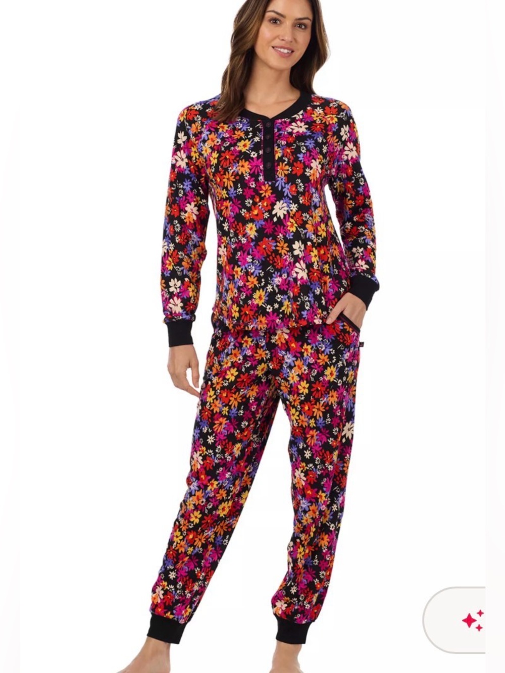 Cuddl Duds Women’s black flowers warm pajama top bottom set size medium NWT
